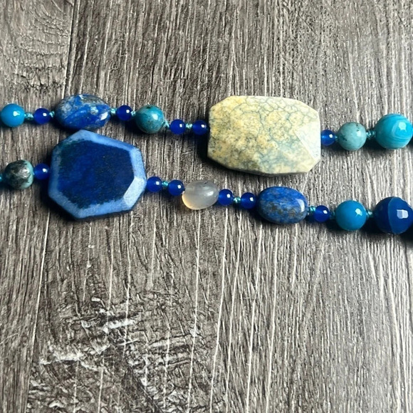 Blue Lapis and Impression Jasper Precious Stones Sterling Silver Clasp Necklace - Picture 9 of 10